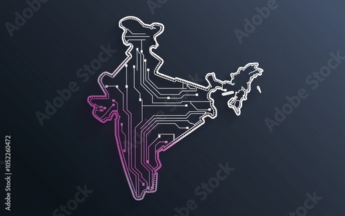 A circuit board design of the Indian subcontinent in white on a dark blue background with a pink gradient.