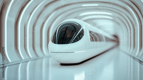 A sleek ultramodern train travels silently through a futuristic white tunnel, reflecting minimalistic design and seamless travel in a tranquil environment.