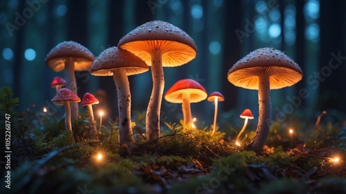 Mushrooms glow softly in a misty forest at dusk, creating a magical atmosphere among the trees and underbrush