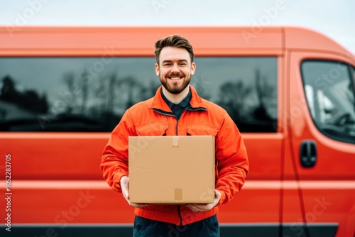 Delivery man smiling with a package outside a delivery van.