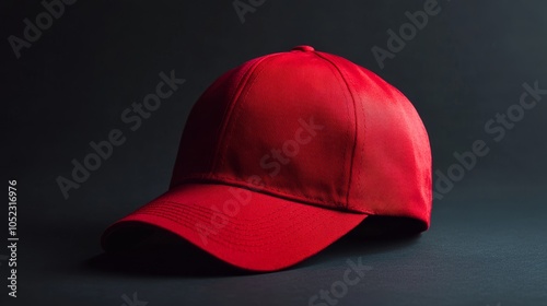 A **red** cap with a brim, oriented such that the front section of the cap is facing the viewer.