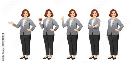 Elegant beautiful mature full-figured business woman in suit, standing in half-turn pose with various gestures. Isolated vector illustrations set.