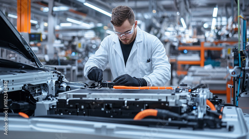 A worker in a white lab coat and black gloves works on the battery pack of an electric car on an assembly line