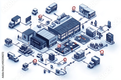 B2B2C depiction, with icons showing multiple businesses forming a chain from supplier to end user.