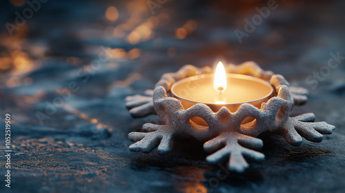 Warm tealight candle in snowflake-shaped holder, glowing softly against winter backdrop, creating a cozy and festive holiday atmosphere with intricate shadow play.