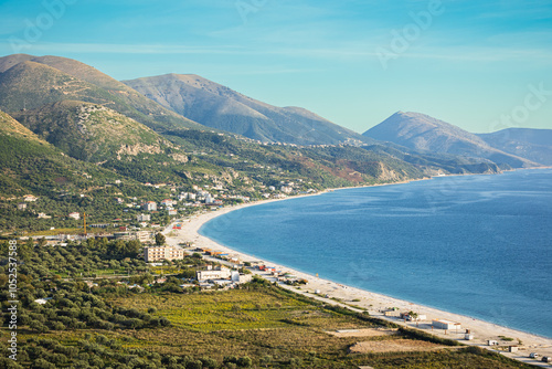 7 km long beach in village Borsh, Albania in Summer 2023. Largest beach in south of Albania. White stone beach