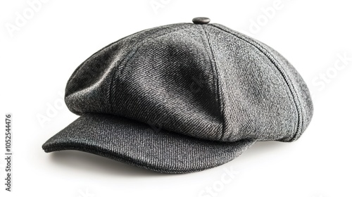 Classic newsboy cap made of retro wool, isolated on a pure white background, showcasing its rounded, flat top and eight-panel construction with a button at the center