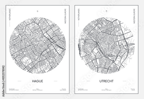 Travel poster, urban street plan city map Hague and Utrecht, vector illustration