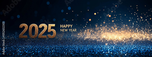 Celebrating the arrival of 2025 with a sparkling blue background and golden lettering wishing a happy new year. Happy New Year 2025 banner 