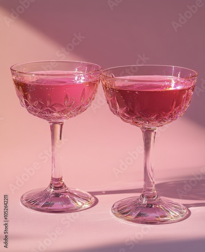 Elegant crystal champagne coupes filled with pink sparkling beverage on soft draped fabric