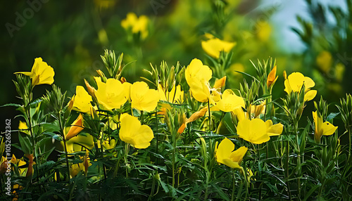 yellow evening primrose flowers bloom herb garden oenothera biennis plants nearby