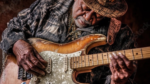 A weathered blues musician plays an electric guitar, his calloused fingers dance across the fretboard.