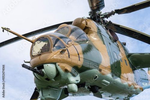 Soviet-made Mi-24 attack helicopter in camouflage from below