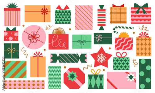 Vector set of different colorful Christmas gift boxes isolated on white background. Modern mid century clip art of present boxes in red, green, pink and gold colors.