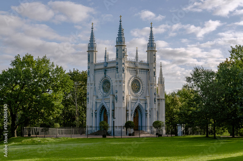 Alexander Nevsky Gothic Chapel on a cloudy morning. Alexandria Park, Peterhof, 2024.