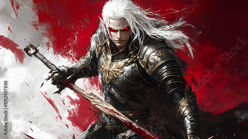 Intimidating white-haired vampire lord in gothic plate armor wielding fearsome glaive weapon with inhuman crimson eyes. Vampire Lord. Illustration