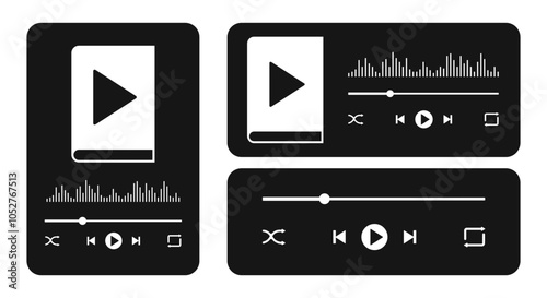 Audiobook app interface templates with audio book sign, progress slider bar, equalizer sound wave and buttons. Ebook or podcast audioplayer widgets. Vector graphic illustration.