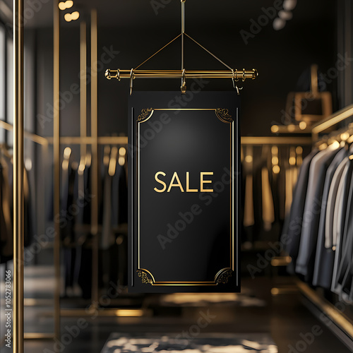 Elegant "SALE" sign printed on a sleek black-and-gold banner, hanging in a luxury boutique — A classy, upscale "SALE" sign on a black banner with gold accents, hanging above luxurious clothing racks i