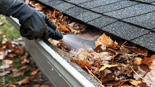 Cleaning leaves from gutter using high pressure water system, showcasing importance of home maintenance and cleanliness. action conveys sense of diligence and care for property