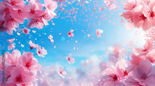 Cherry Blossom Petals in Blue Sky Spring Background