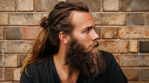 A striking profile portrait of a man with long hair and a beard, captured candidly on a bustling street.