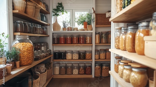 A collection of various dry goods, neatly organized in transparent jars, on wooden shelves in a home pantry filled with natural light and greenery accents.