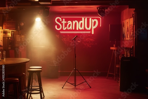 A comedy stage with a spotlight, microphone, and a vibrant neon sign illuminated in a cozy club environment during an evening performance