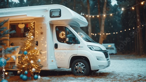 American RV park at Christmas with decorated outdoor trees lights strung across