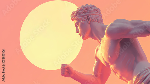 A stoic statue of a greek olympian poised to run, the form reminiscent of the classical sculptures of hermes, set against a dawn of the games blush background. Greek Olympian Games. Illustration