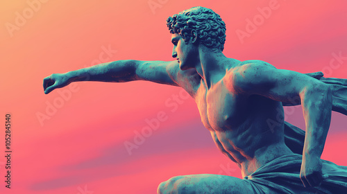 A stoic statue of a greek olympian poised to run, the form reminiscent of the classical sculptures of hermes, set against a dawn of the games blush background. Greek Olympian Games. Illustration