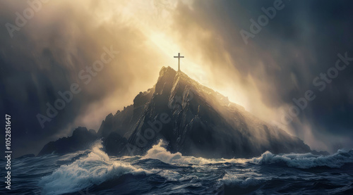 Dramatic Christian cross on the top of the mountain. Concept of strong faith and god wrath