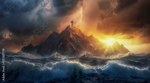 Dramatic Christian cross on the top of the mountain. Concept of strong faith and god wrath