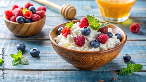 Cottage cheese in bowl with fresh berries and honey , Curd cheese, homemade, fermented, dairy product