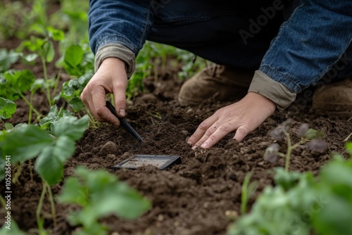 A regenerative farmer checking soil health with a field test, examining moisture retention and organic matter in the soil.