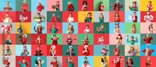 Big collage of little children on color background. Christmas celebration