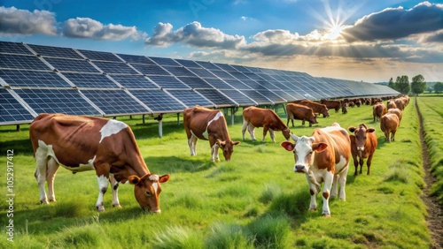 Cows grazing near a solar farm built on a former waste dump, cows, solar farm, waste dump, environment