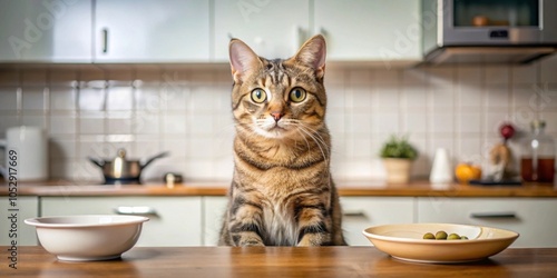 A cute cat impatiently waiting in the kitchen for its food, cat, kitchen, waiting, impatient, hungry, cute, pet, fur