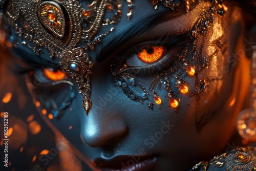 A hyper-realistic close-up of Goddess Kaliâ€™s face with intricate details in her jewelry, skin texture, and intense gaze