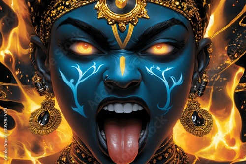 Goddess Kaliâ€™s fierce form with flames behind her, her blue skin and red tongue radiating divine energy