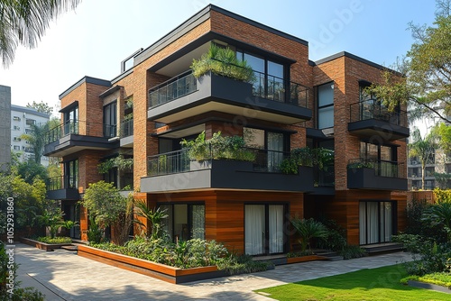 A modern apartment building with balconies and lush greenery.