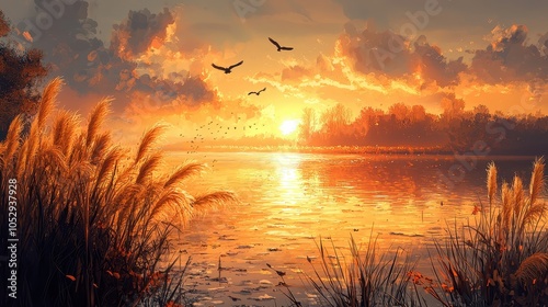 A peaceful riverside with tall grass swaying in the wind, reflecting a golden sunset. Birds fly low over the water, creating gentle ripples in the otherwise calm surface 