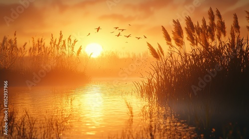 A peaceful riverside with tall grass swaying in the wind, reflecting a golden sunset. Birds fly low over the water, creating gentle ripples in the otherwise calm surface 