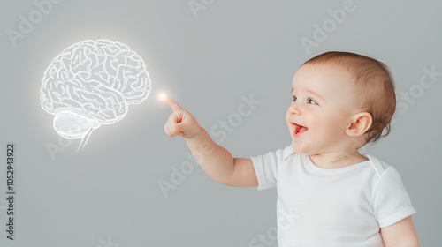 Baby's Brain Development: A curious toddler points at a glowing brain graphic, symbolizing the incredible potential and rapid development of a young mind.