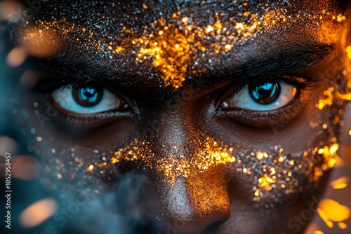 A vivid close-up of Kaliâ€™s eyes and face, surrounded by smoke and fire, representing her transformative power