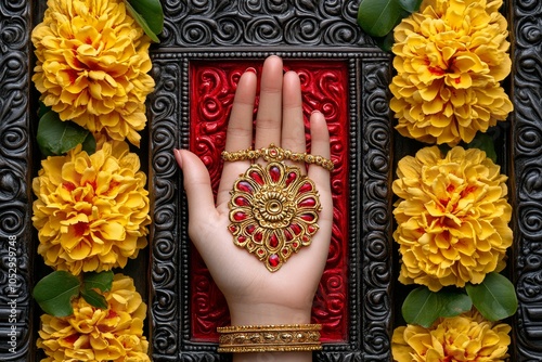 Kaliâ€™s hand in a blessing gesture, with a simple red background, representing her role as a compassionate goddess