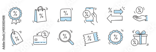 Doodle discount sale icon set. Discount percent, shop sale coupon hand drawn sketch line pen stroke style icon. Special price offer deal sketch doodle drawn collection. Vector illustration