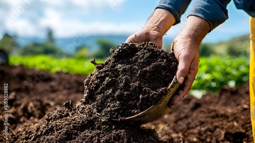 Farmers using composted manure to fertilize crops, reducing the need for synthetic fertilizers