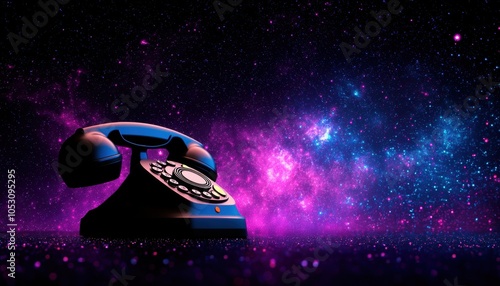 Vintage telephone on a cosmic background with stars and galaxies.