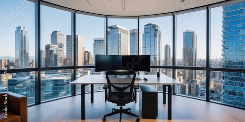 Modern office interior, floor-to-ceiling windows, panoramic city skyline view, high-rise buildings, sleek desk setup, ergonomic office chairs, minimalist design, natural lighting, open workspace, corp