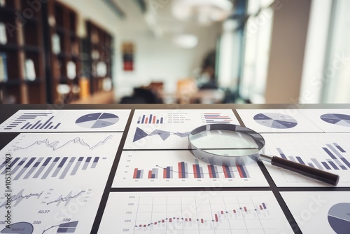 Magnifying glass analyzing statistical business charts on desk in office